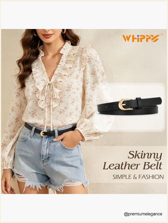 Women\'s Skinny Leather Belt with Gold Buckle